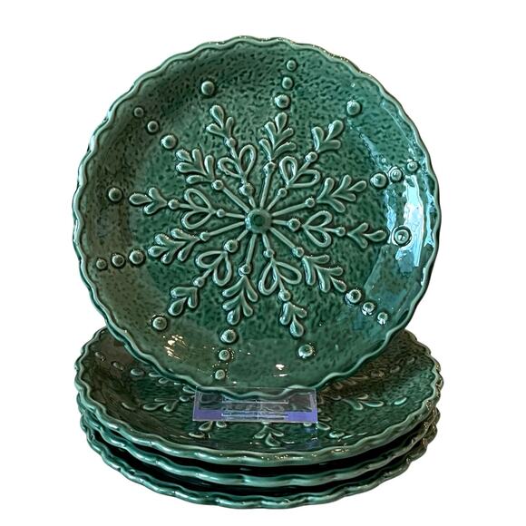 Potter's Studio Snowflake Salad Plates 7.5" Holiday Green Ceramic Set of 4 New - Picture 2 of 15